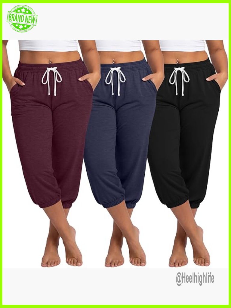 Plus Size Capri Sweatpants With Pockets 3 Pack Cotton Drawstring Joggers